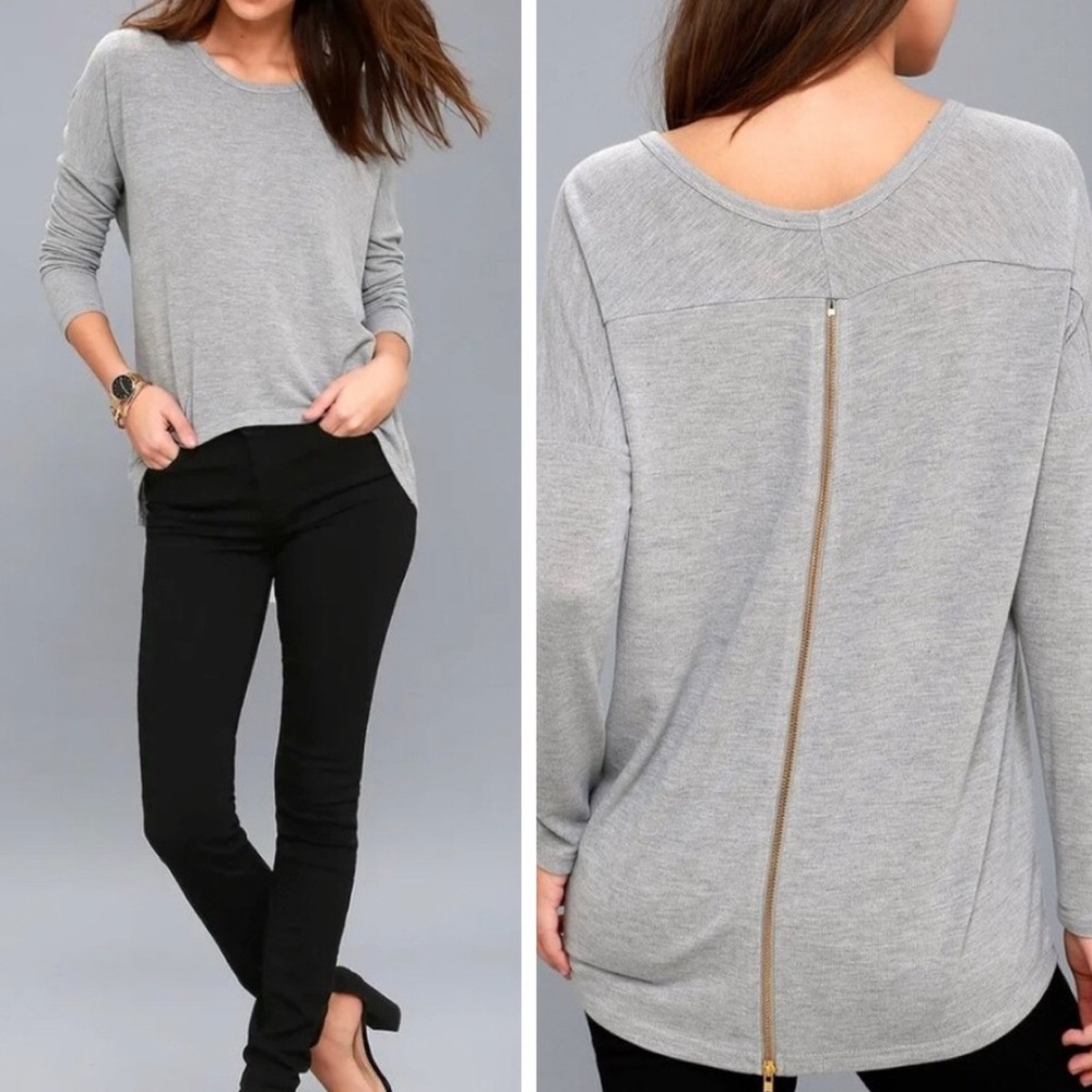 Lulu's Light Gray Back-Zip Knit Sweater
